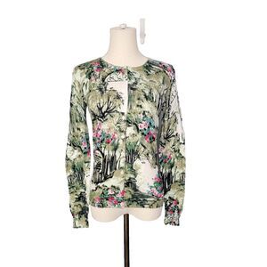 Lord & Taylor Cardigan XS Cotton Blend Lightweight Spring Garden Motiff Button